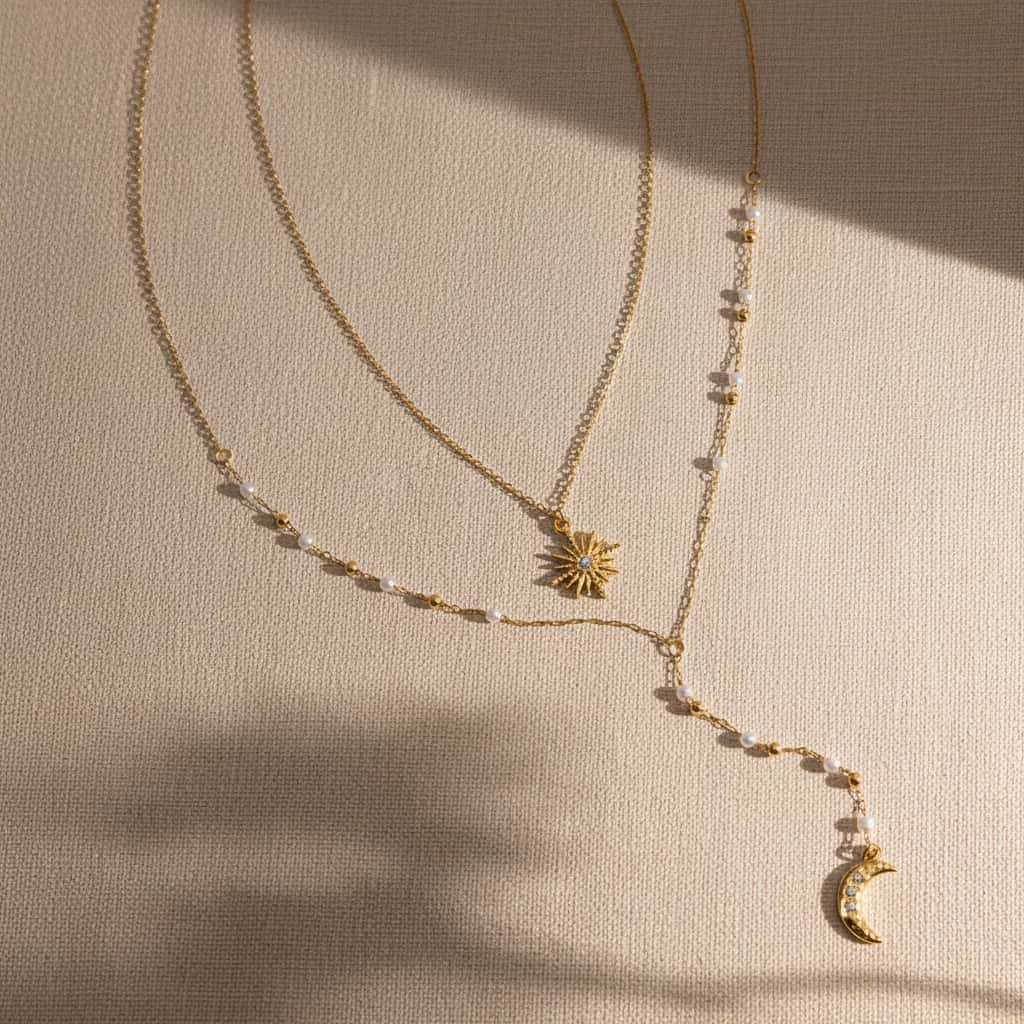 Flat lay κολιέ sun moon lariat — Celestial Steel