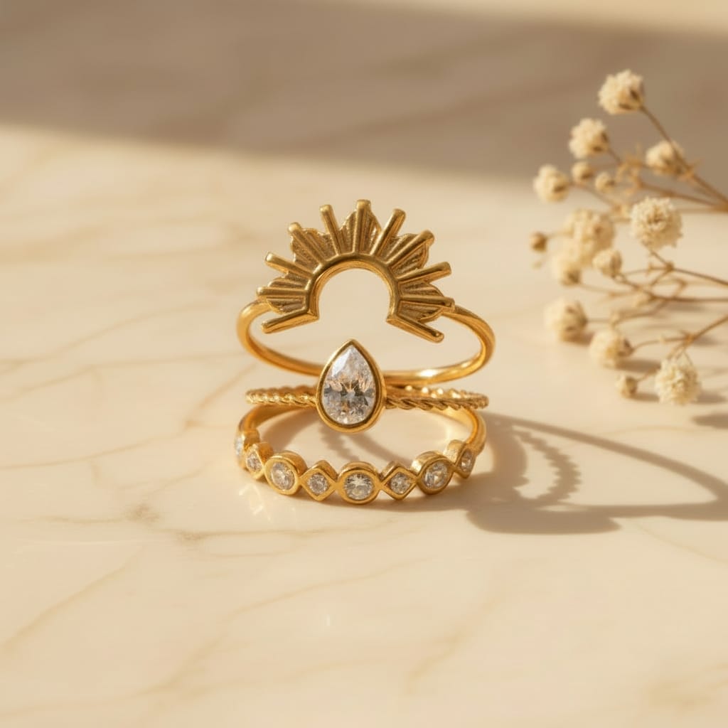 Σετ 3 δαχτυλιδιών sun moon opal, χρυσό ανοξείδωτο ατσάλι, flat lay σε μάρμαρο — Celestial Steel