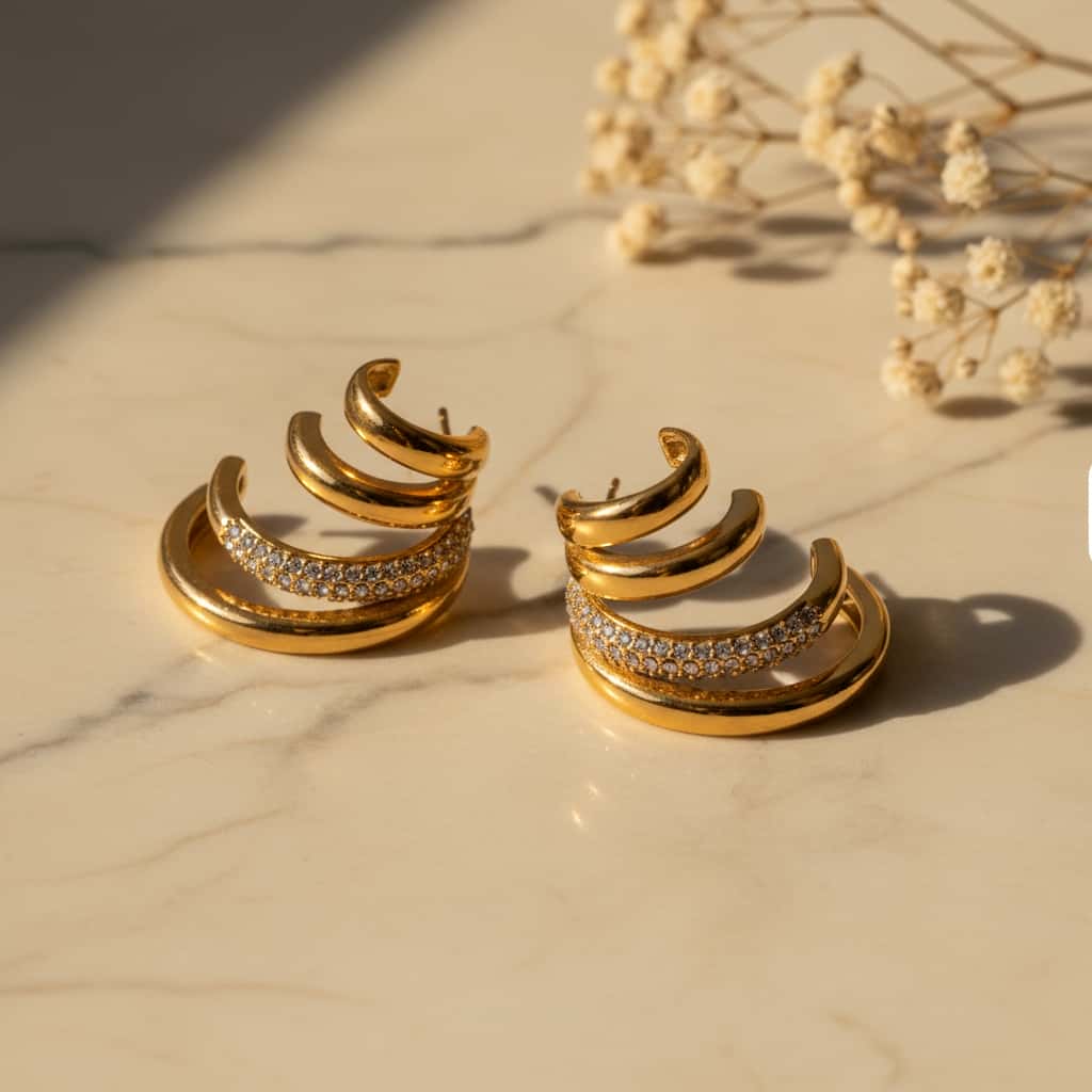 Triple hoop καρφωτά σκουλαρίκια, χρυσό ανοξείδωτο ατσάλι με λευκό pavé ζιρκόν, flat lay σε μάρμαρο — Celestial Steel