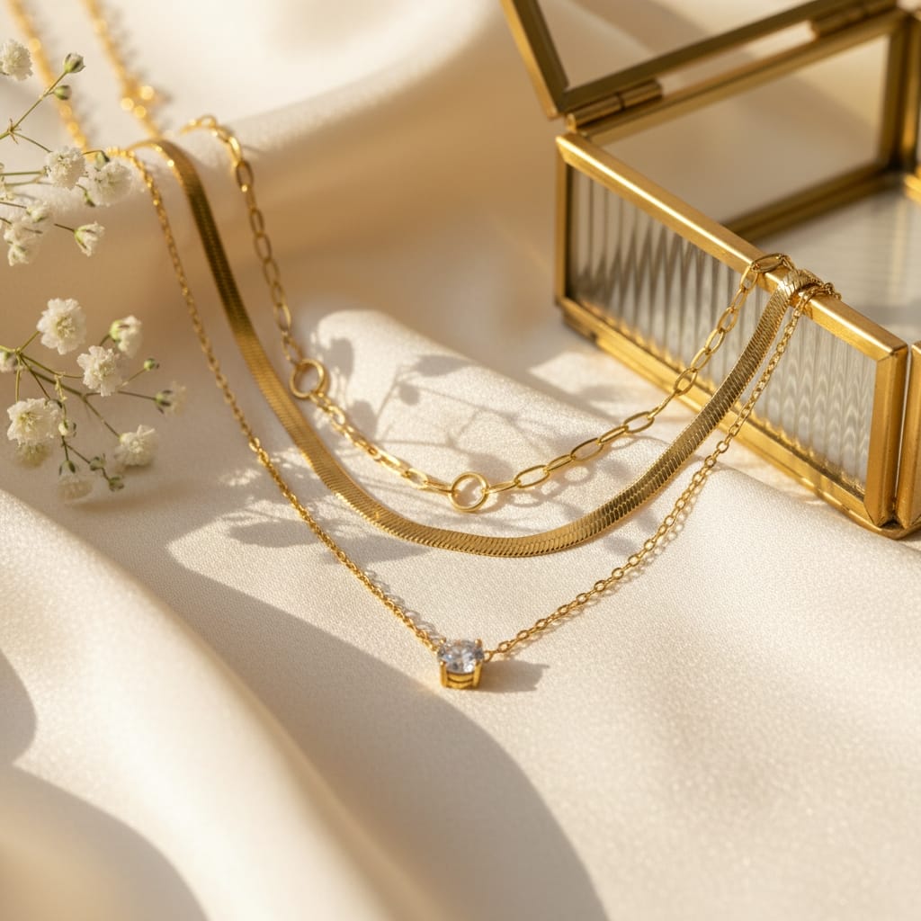 Triple layered κολιέ set με herringbone, paperclip και solitaire ζιργκόν chain, χρυσό ανοξείδωτο ατσάλι — Celestial Steel
