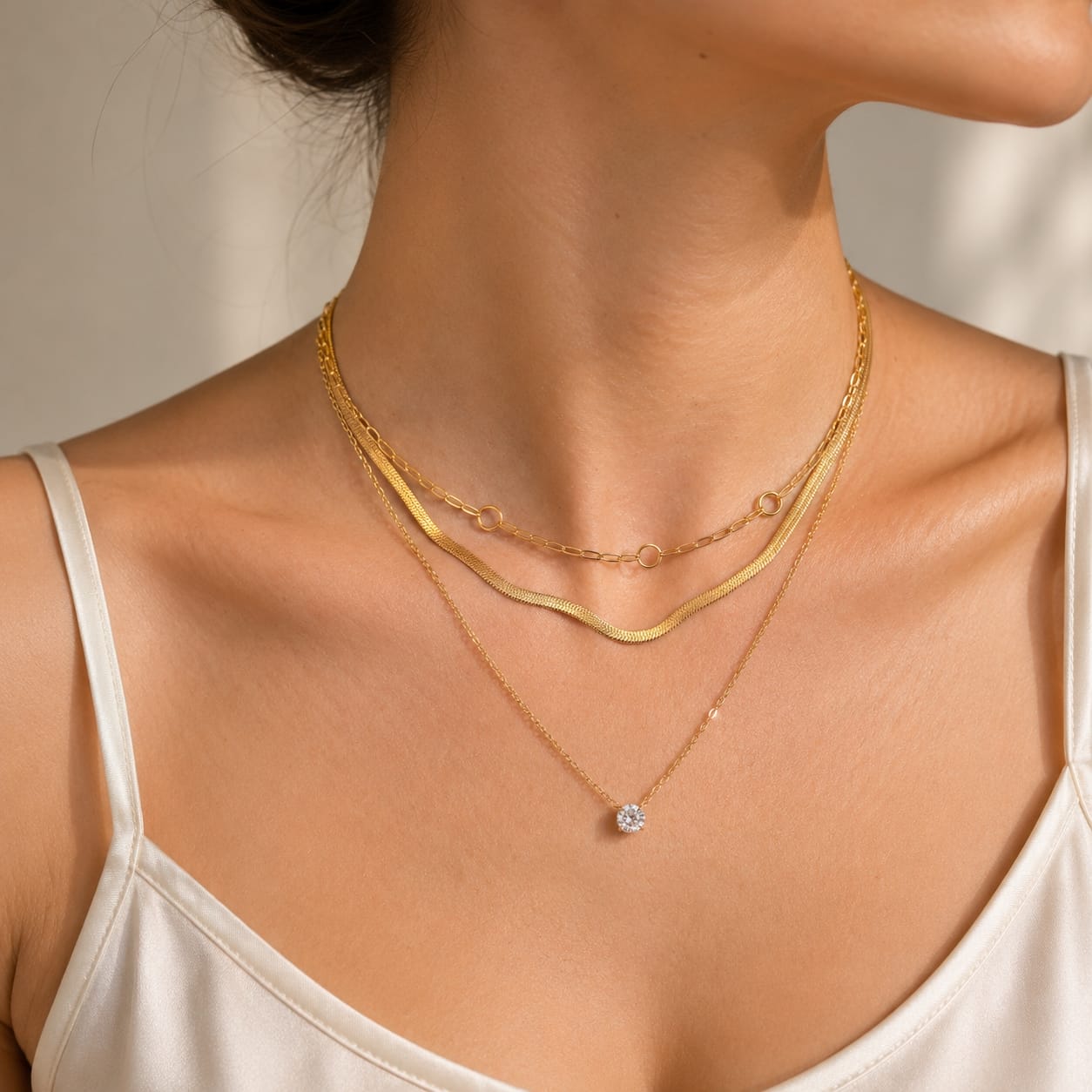 Triple layered κολιέ set με herringbone, paperclip και cable chain με ζιργκόν, χρυσό ανοξείδωτο ατσάλι — Celestial Steel