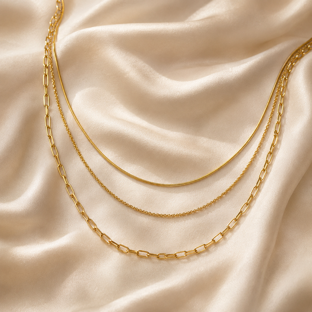 Layered 3-in-1 κολιέ snake, twisted rope και paperclip chain, χρυσό ανοξείδωτο ατσάλι, flat lay σε σατέν — Celestial Steel