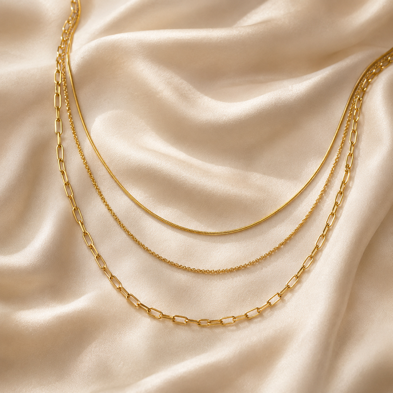 Layered 3-in-1 κολιέ snake, twisted rope και paperclip chain, χρυσό ανοξείδωτο ατσάλι, flat lay σε σατέν — Celestial Steel