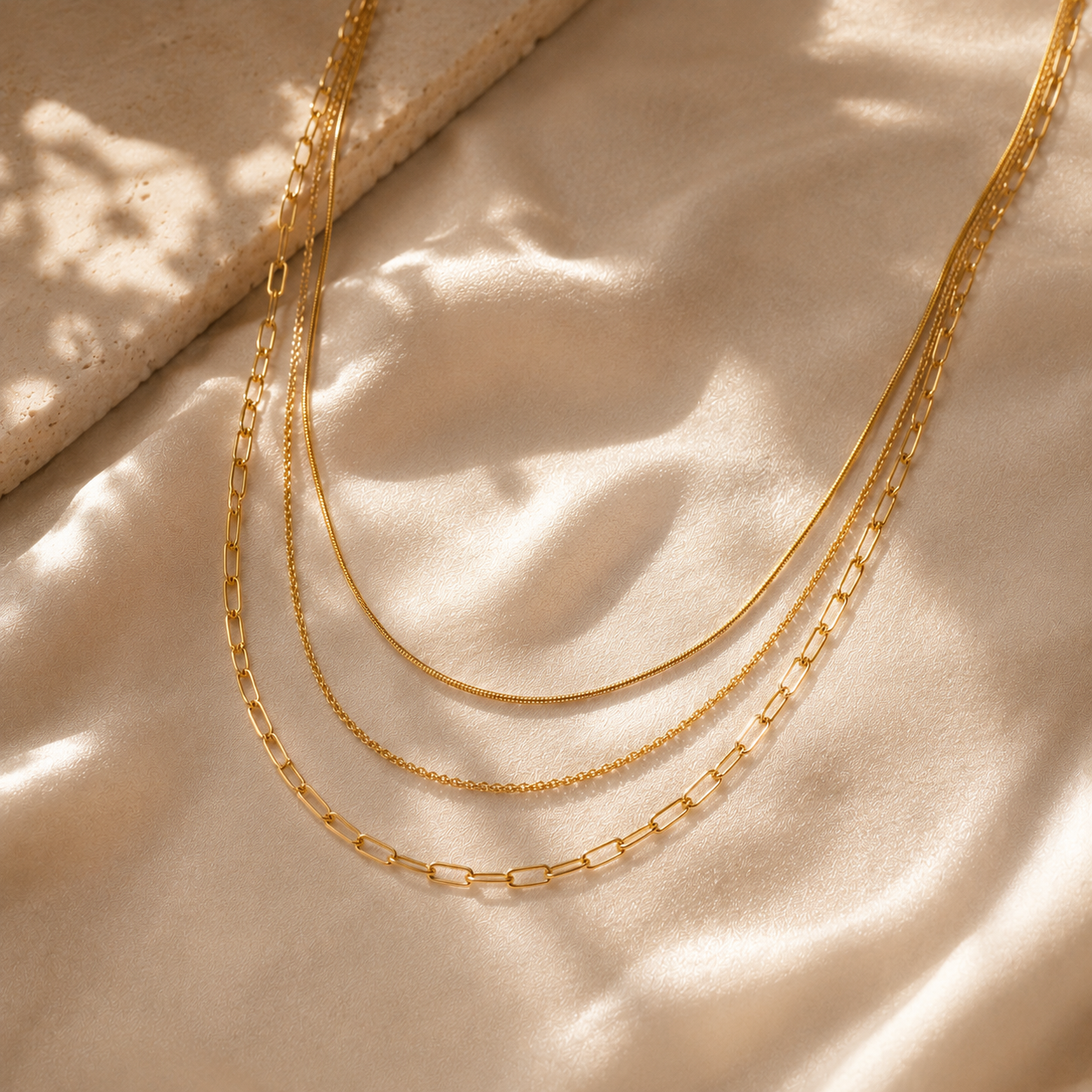Layered 3-in-1 κολιέ snake, twisted rope και paperclip chain, χρυσό ανοξείδωτο ατσάλι, flat lay σε σατέν — Celestial Steel