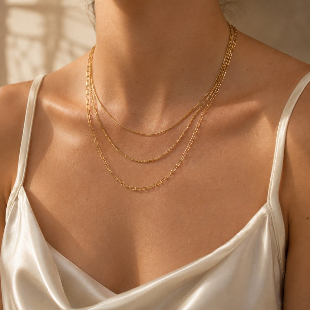 Layered 3-in-1 κολιέ snake, twisted rope και paperclip chain φορεμένο, χρυσό ανοξείδωτο ατσάλι — Celestial Steel