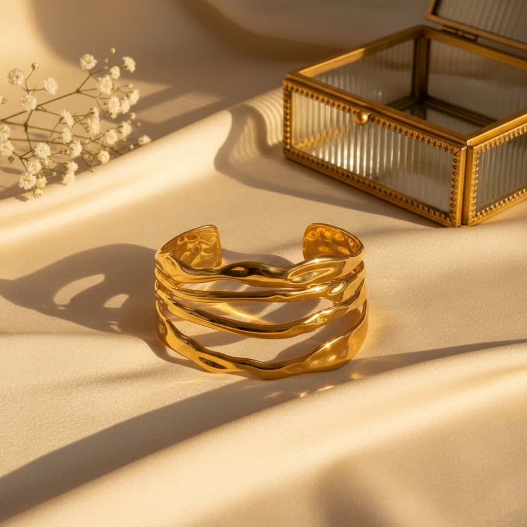 Χρυσό τετραπλό κυματιστό cuff σε editorial σύνθεση — Celestial Steel