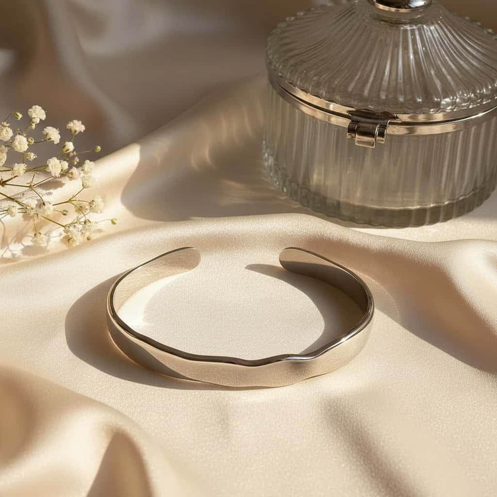 Ασημί κυματιστό cuff βραχιόλι σε silk editorial σύνθεση — Celestial Steel
