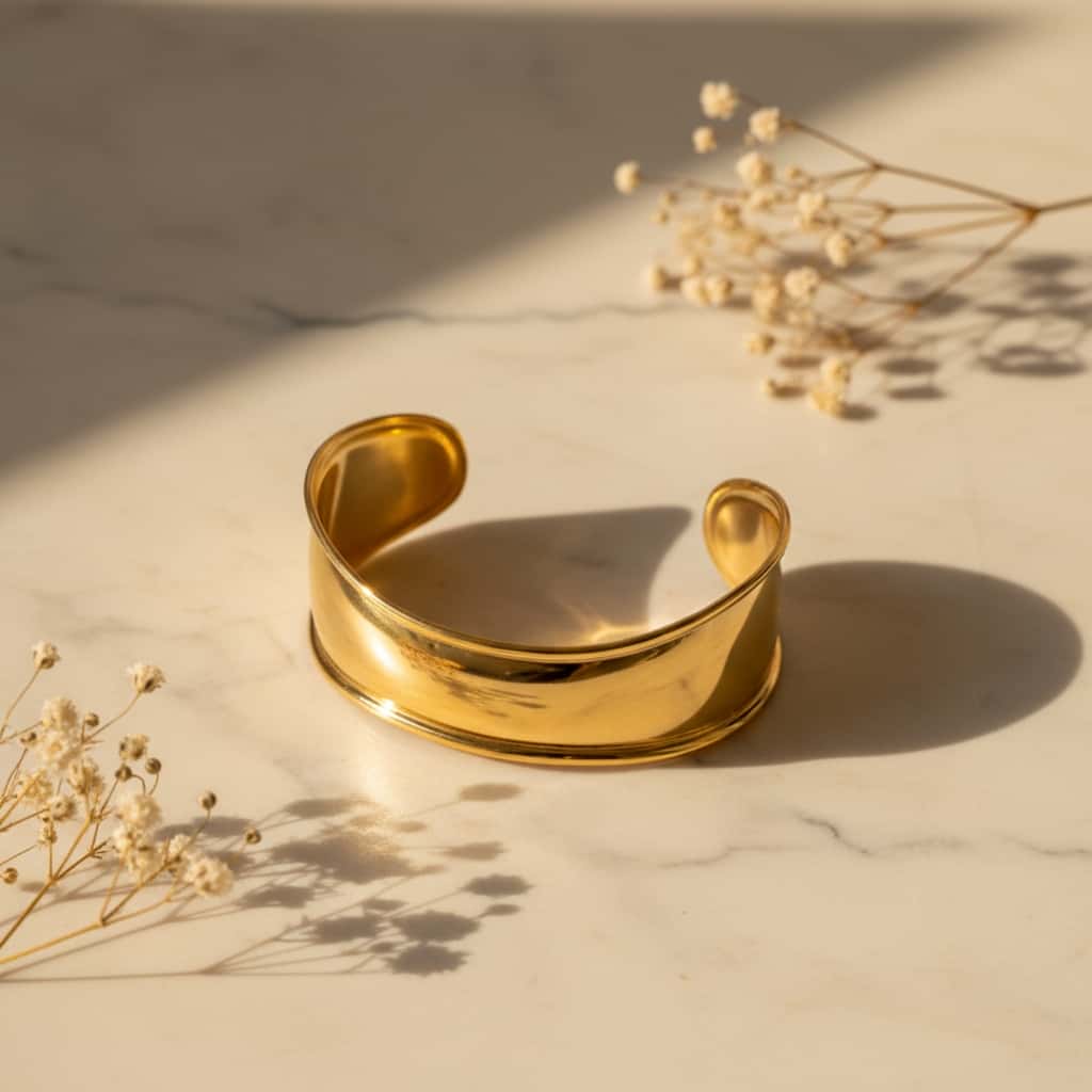 Wide gold cuff βραχιόλι open bangle σε χρυσό ανοξείδωτο ατσάλι, flat lay σε μάρμαρο με gypsophila — Celestial Steel