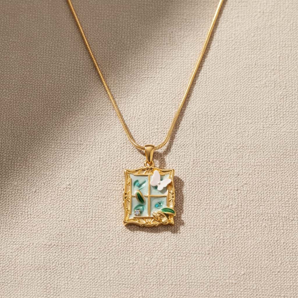 Κολιέ με τετράγωνο enamel pendant παράθυρο, λευκή πεταλούδα και πράσινα φύλλα σε snake chain, χρυσό ανοξείδωτο ατσάλι — Celestial Steel