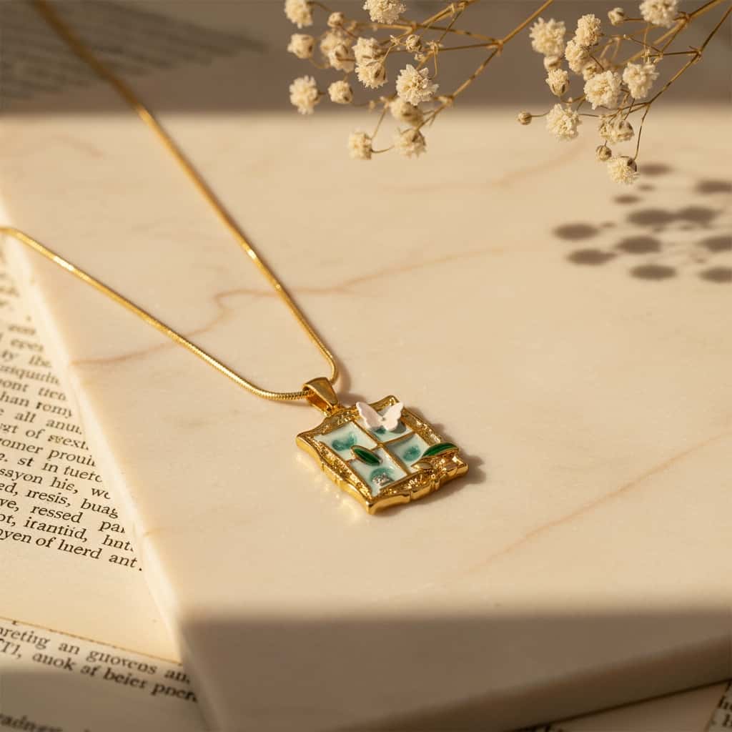Κολιέ enamel pendant παράθυρο με πεταλούδα σε snake chain, lifestyle με μάρμαρο, βιβλίο και gypsophila — Celestial Steel