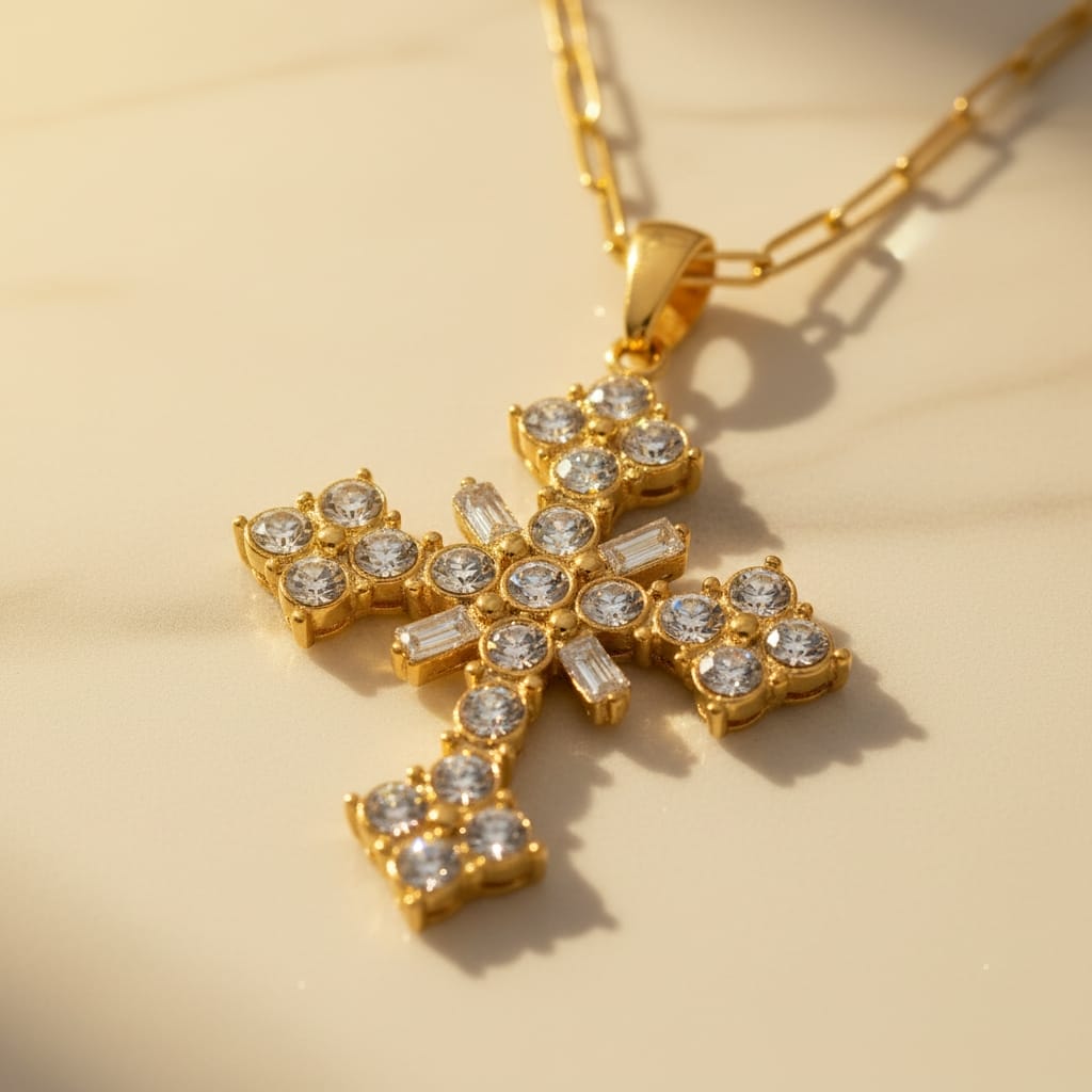 Macro detail zircon cross pendant με round και baguette ζιργκόν, χρυσό ανοξείδωτο ατσάλι — Celestial Steel
