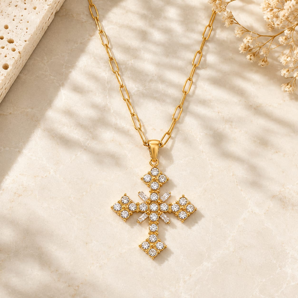 Κολιέ με zircon cross pendant σε paperclip chain, χρυσό ανοξείδωτο ατσάλι, flat lay σε μάρμαρο — Celestial Steel