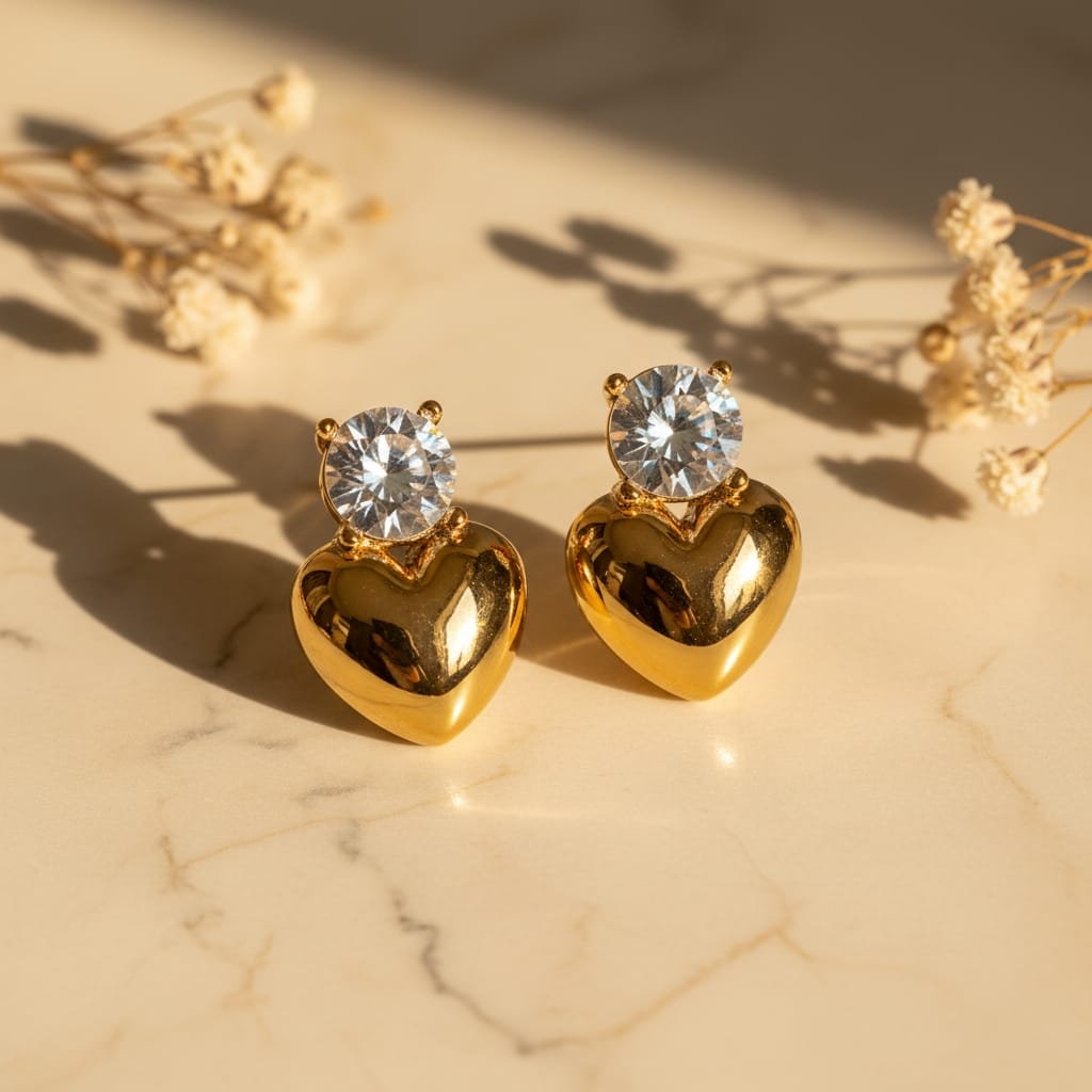 Zircon heart drop stud σκουλαρίκια, χρυσό ανοξείδωτο ατσάλι με λευκό ζιργκόν, flat lay σε μάρμαρο — Celestial Steel